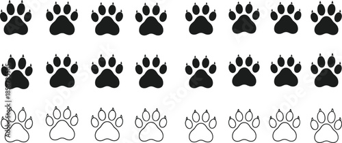 Set of animal paw print silhouettes and line icons including dog cat and wild animal tracks for veterinary pet care