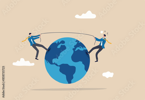 Geopolitics, compete to be world leader, power to gain advantage from world economics or international trade and commercial concept, businessmen countries pulling tug of war on world planet earth.