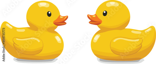 Rubber duck clipart, cartoon style, yellow ducks, facing each other, playful design, bath toy, glossy texture, kids illustration