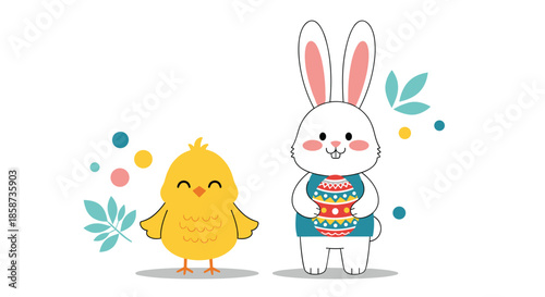 Cute Easter bunny holding a colorful decorated egg while standing next to a small yellow chick with festive spring leaves.