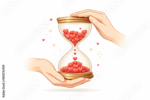 Conceptual flat illustration of hands holding heart-filled hourglass for Valentine’s Day, lasting love metaphor, minimal white background