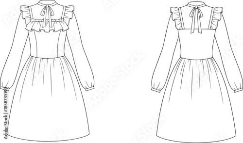 Ruffled dress sketch, bow neckline, gathered skirt, puff sleeves, fashion illustration, sewing pattern, garment construction, technical drawing, design sheet