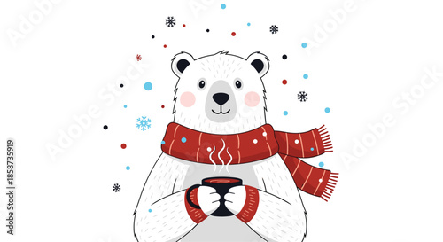 Friendly polar bear wearing a warm red scarf and mittens while holding a steaming mug of hot cocoa during a snowy winter day.
