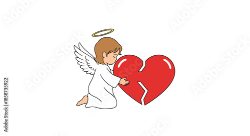 Tender little angel kneeling down and embracing a large broken red heart to provide comfort and healing in a sweet illustration.