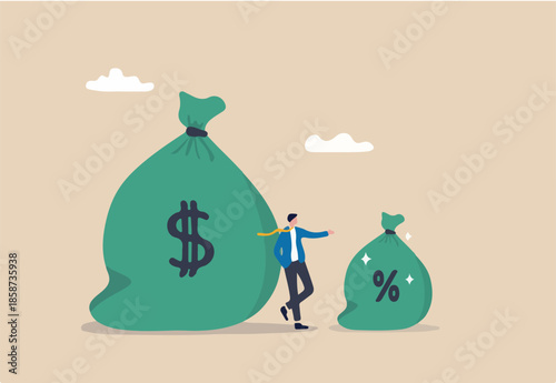 Commission payment, interest rate for loan payment or investment profit percentage, incentive to reward or motivate concept, businessman salesperson standing with money bag and commission portion.