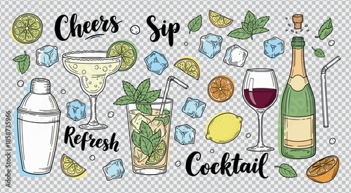 Cocktail collection with cheers sip refresh and drinks like mojito and wine