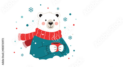 Cozy polar bear wearing a warm sweater and scarf while holding a steaming cup of hot coffee in a snowy winter scene.