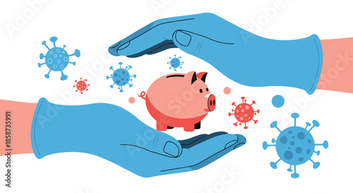 Two hands wearing blue medical gloves protecting a pink piggy bank from floating virus icons to symbolize security.