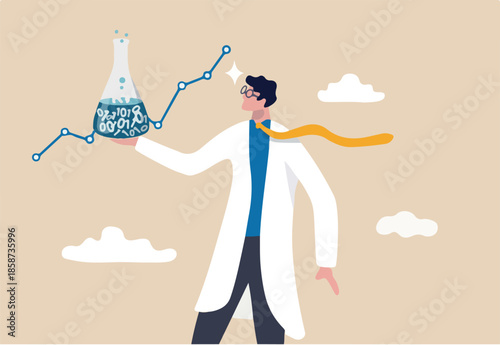 Data scientist, machine learning or deep learning to analyze data for insight use for business development concept, businessman with scientist suit holding laboratory tube with digital data experiment