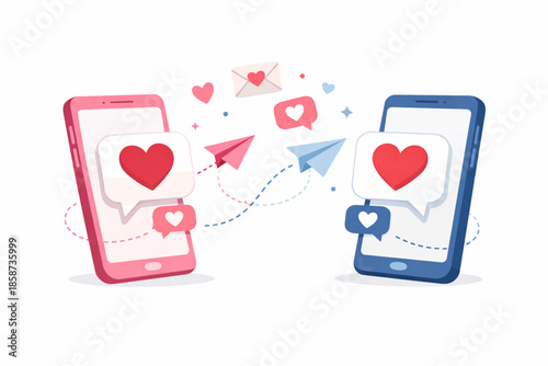 Flat illustration of smartphones exchanging heart messages for Valentine’s Day, modern digital communication, clean white background, elegant flat style