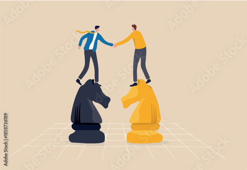 Negotiation skill to deal with competitor, agreement or partnership decision, collaboration strategy to success together concept, businessman leader shaking hand on knight chess metaphor of agreement