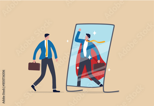 Self confidence or self esteem believe in yourself, positive attitude to success, ambition or determination to achieve goals, businessman looking at his strong ideal self superhero reflection mirror