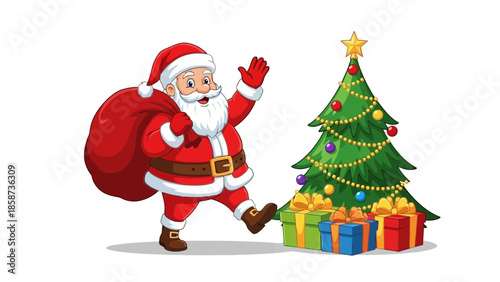 Cheerful Santa Claus with Christmas Tree and Presents, spreading holiday joy