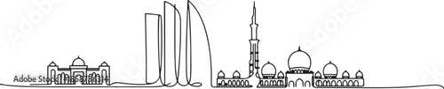 One single line drawing Abu Dhabi city skyline, United Arab Emirates. Historical landscape home decor wall art poster print. Best holiday destination. one line Icon drawing