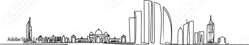 One single line drawing Abu Dhabi city skyline, United Arab Emirates. Historical landscape home decor wall art poster print. Best holiday destination. one line Icon drawing