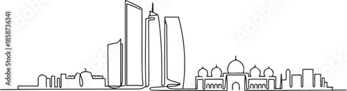 One single line drawing Abu Dhabi city skyline, United Arab Emirates. Historical landscape home decor wall art poster print. Best holiday destination. one line Icon drawing
