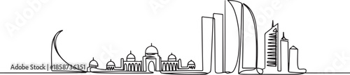 One single line drawing Abu Dhabi city skyline, United Arab Emirates. Historical landscape home decor wall art poster print. Best holiday destination. one line Icon drawing