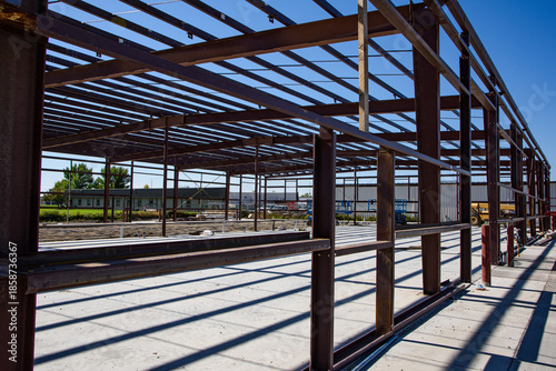 Steel framework  of new commercial building under construction.
