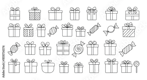 Hand drawn assortment of gift boxes and festive candies arranged in a decorative pattern for celebration and gift giving in a playful holiday scene.