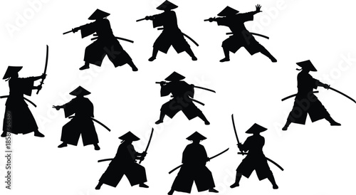 Samurai silhouettes, katana poses, martial stances, warrior circle, traditional attire, combat readiness, Japanese sword art, defense, honor, white background