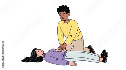A man performing CPR on a woman lying on her back with a white background.