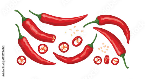 Vibrant red chili peppers and sliced rounds scattered across a white background highlighting fresh spicy produce with bold color and fiery flavor cues.