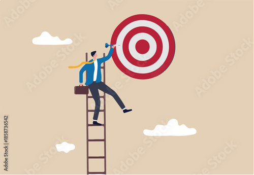 Success ladder, aspiration to achieve target, business goal or work purpose, aim for perfection concept, businessman climb up ladder high into the sky to aiming for perfect bullseye target dartboard.