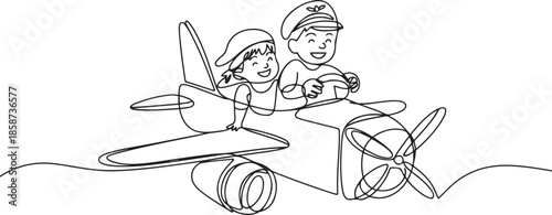 Continuous one line drawing creative kids playing as pilot with cardboard airplane. Children riding cardboard handmade airplane. Plane game pilot. one line Icon drawing