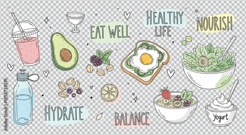 Healthy food and lifestyle doodle set with fruits vegetables smoothies and motivational quotes