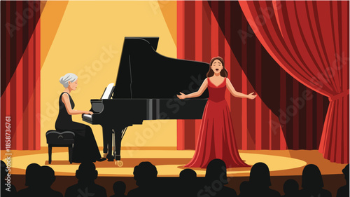Illustration of a woman singing on stage with a pianist, in front of an audience with red curtains and a grand piano.