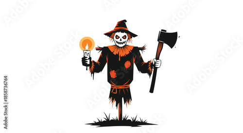 Spooky scarecrow with a grinning skull wearing tattered clothes stands in a shadowy yard holding a blazing torch and an axe.