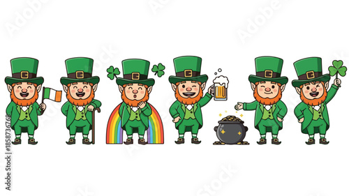 A set of six cheerful leprechaun characters in various poses with green hats and suits on a white background with a rainbow and pot of gold.