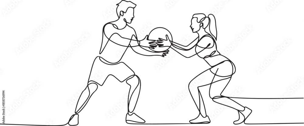 Fototapeta premium One continuous line drawing of young sporty man and woman working out with weight ball in fitness gym club center. Healthy fitness sport concept. one line Icon drawing