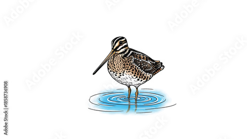 A detailed illustration of a long-billed shorebird standing in shallow water, creating ripples