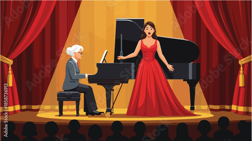 Illustration of a woman in a red dress singing on stage with a pianist, against a backdrop of red curtains and spotlights.
