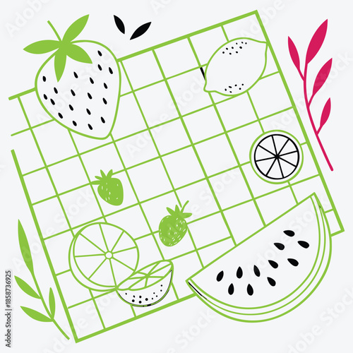 WebVibrant Fruits Illustrated in a Playful Hand-Drawn Grid Style