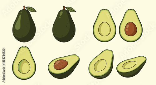 Ripe avocados arranged in a simple illustrated layout showing whole fruits halved portions and seeds to highlight the creamy interior and rich dark green skin.