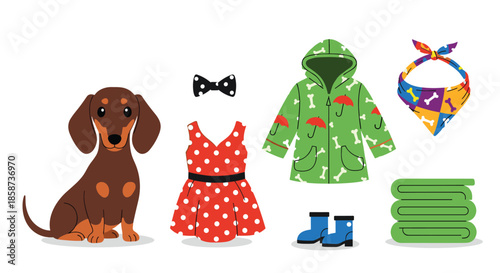 Colorful wardrobe set for a playful pet and a child featuring a dachshund red polka dot dress a black bow tie a green rain jacket a head scarf boots and towels.