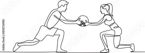 One continuous line drawing of young sporty man and woman working out with weight ball in fitness gym club center. Healthy fitness sport concept. one line Icon drawing