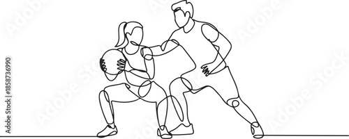 One continuous line drawing of young sporty man and woman working out with weight ball in fitness gym club center. Healthy fitness sport concept. one line Icon drawing