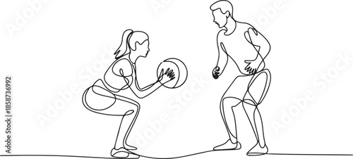 One continuous line drawing of young sporty man and woman working out with weight ball in fitness gym club center. Healthy fitness sport concept. one line Icon drawing