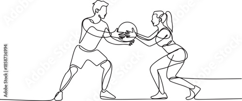 One continuous line drawing of young sporty man and woman working out with weight ball in fitness gym club center. Healthy fitness sport concept. one line Icon drawing