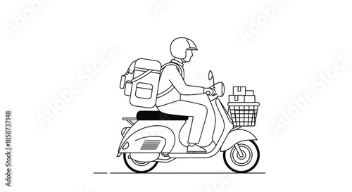 Delivery courier rides a scooter wearing a helmet with a large backpack and a front basket full of parcels and boxes delivering items along a quiet road.