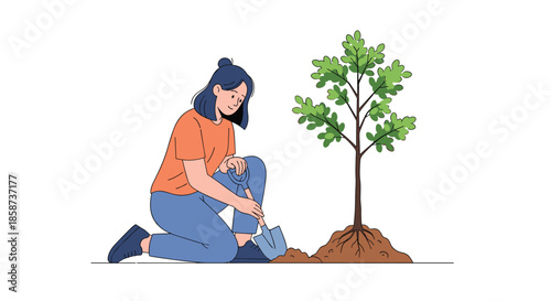 Woman kneeling in a sunny garden uses a trowel to carefully plant a young tree sapling in loose soil beside a growing shrub with mulch and soil piled nearby.
