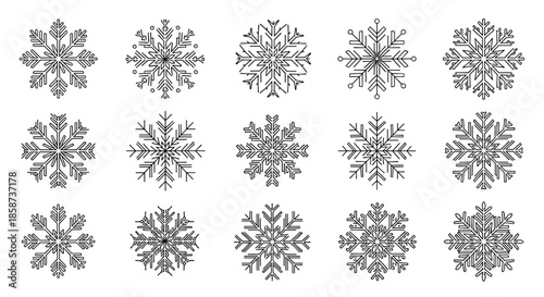 Collection of fifteen unique snowflakes arranged in a precise grid to showcase intricate wintry patterns and provide versatile decorative imagery.