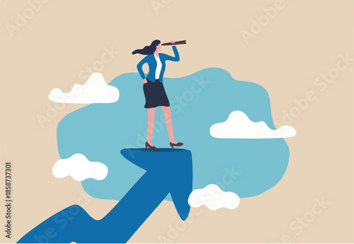 Woman leader with lady power business vision, woman visionary to see business opportunity concept, success businesswoman standing on top of rising arrow with telescope or spyglass to see future vision