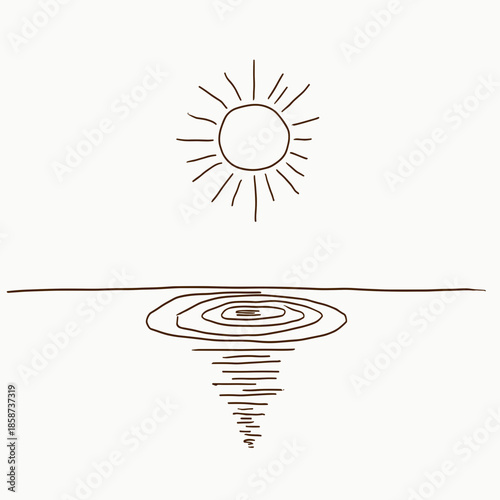 Minimalist sun with reflection on water in simple line art  