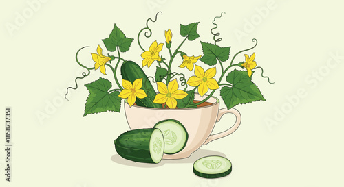 Charming teacup arrangement with cucumber slices and vibrant yellow flowers surrounded by green leaves and climbing vines for a fresh garden still life.