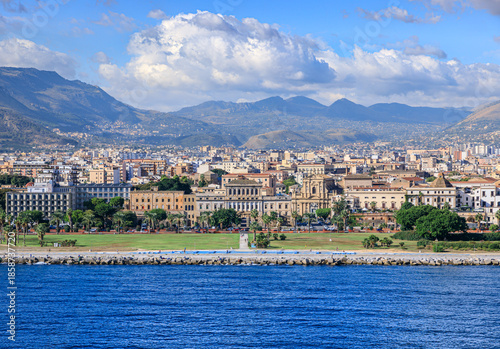 Palermo cityscape from sea with the Foro Italico promenade and the Greek Gate in the Kalsa district, southern Italy.