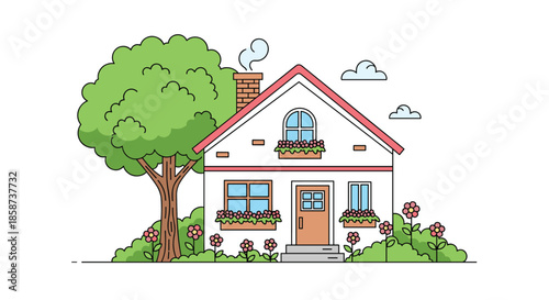 Charming white house with a red gable roof sits beside a tall green tree and a colorful garden filled with blooming flowers window boxes and welcoming steps.